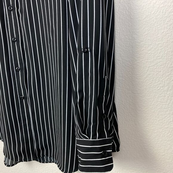 Zac & Rachel Womens Button Up Blouse Size XL Black White Striped Roll-Tab Sleeve - Picture 3 of 7